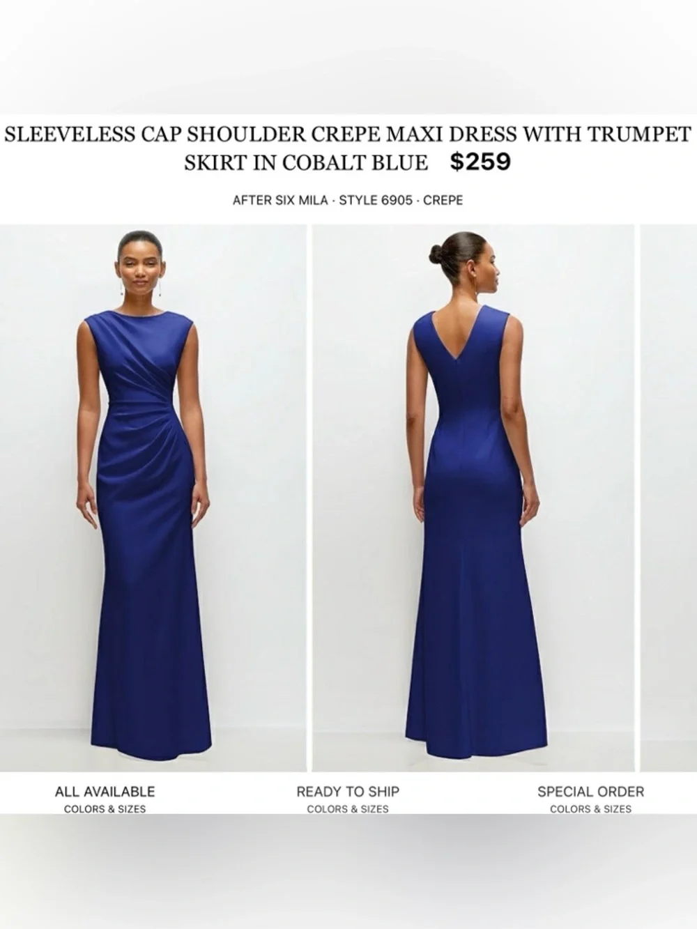 ALFRED SUNG Cobalt Blue Cap Sleeve Crepe Maxi Dress - Picture 1 of 6